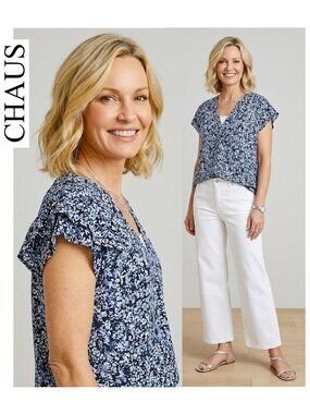 (3 for $30) CHAUS - Blue/white floral print short ruffle sleeve top